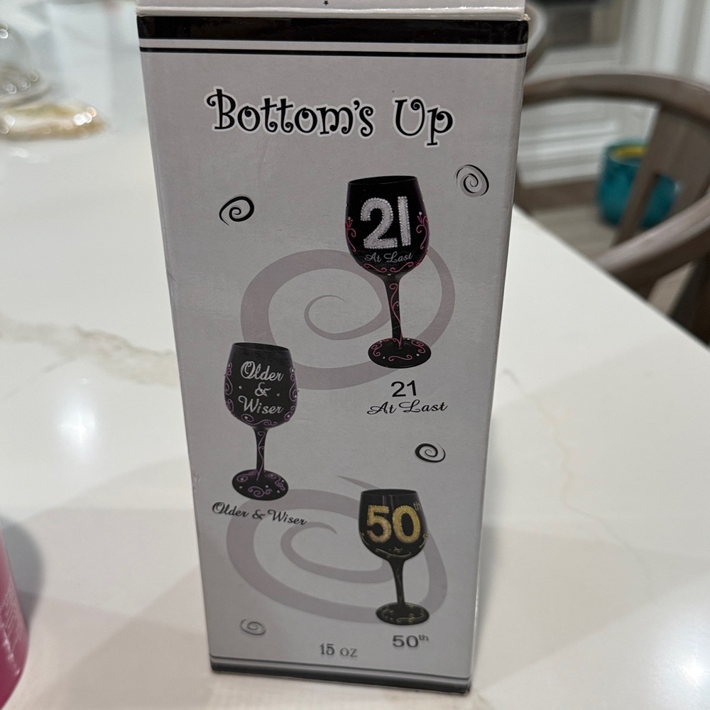 Bottoms Up Hand Painted Wine Glass “21 At Last”